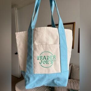 NWOT Trader Joe's Blue and Cream Mini Canvas Tote Bag